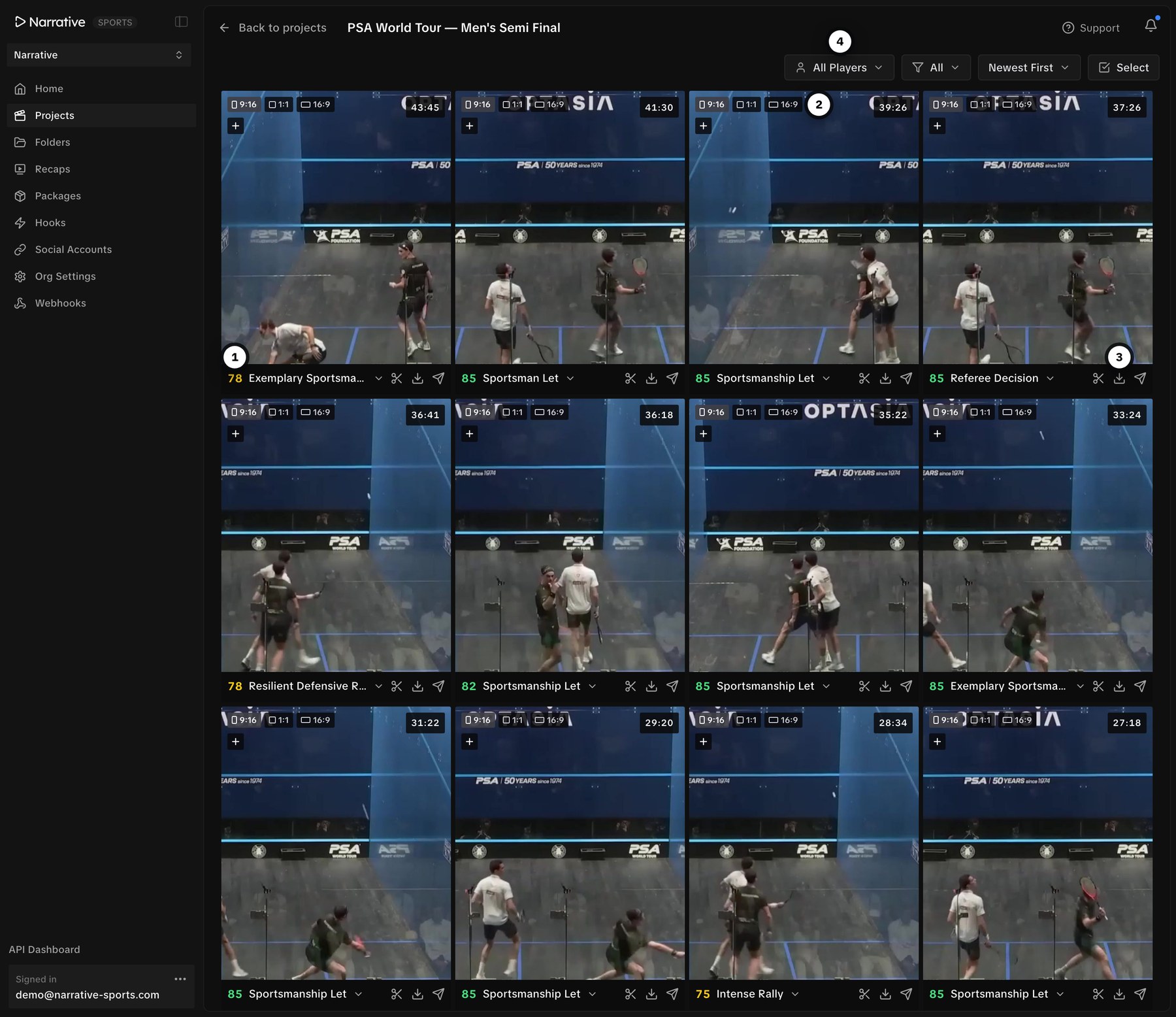 The Narrative project grid during a live match: clips arriving with virality scores, every aspect ratio, and per-clip actions.